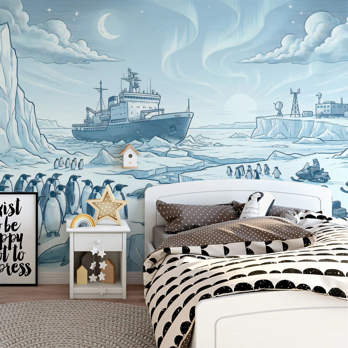 Arctic Expedition Engraving Style Mural Wallpaper — Cool Blue Tones Mural Wallpaper - room preview 02