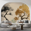Dual Ink and Gold Tree Art Mural Wallpaper — Sophisticated Contrast Mural Wallpaper - room preview 02