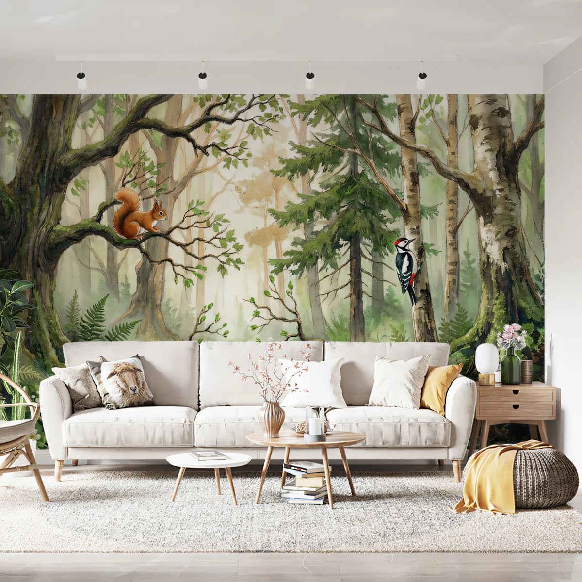 Enchanted Woodland Forest Mural Wallpaper — Watercolor Nature Scene Mural Wallpaper - room preview 02