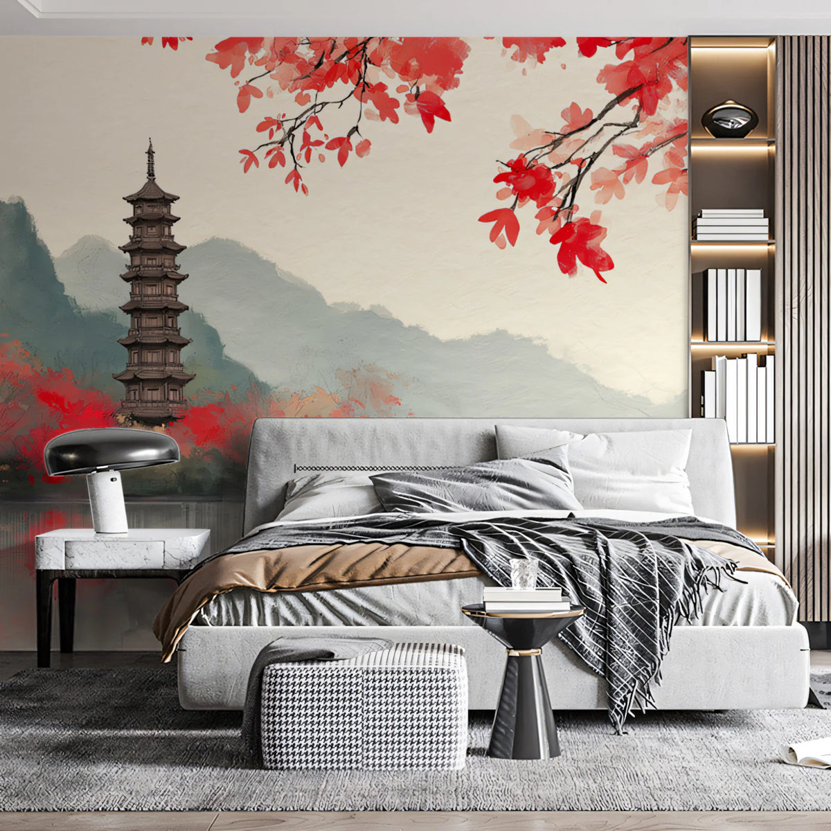 Traditional Chinese Pagoda & Maple Mural Wallpaper — Artistic View Mural Wallpaper - room preview 02
