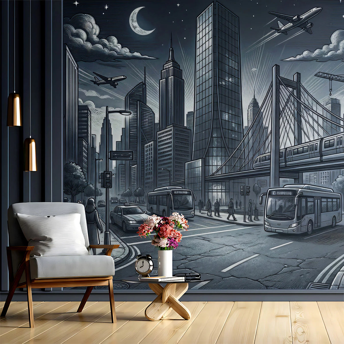 Metropolitan Nightscape Mural Wallpaper —Ink Sketch Illustration Mural Wallpaper - room preview 02