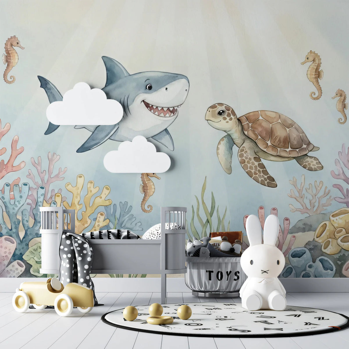 Friendly Shark and Turtle Underwater Mural Wallpaper — Watercolor Mural Wallpaper - room preview 02