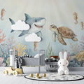 Friendly Shark and Turtle Underwater Mural Wallpaper — Watercolor Mural Wallpaper - room preview 02