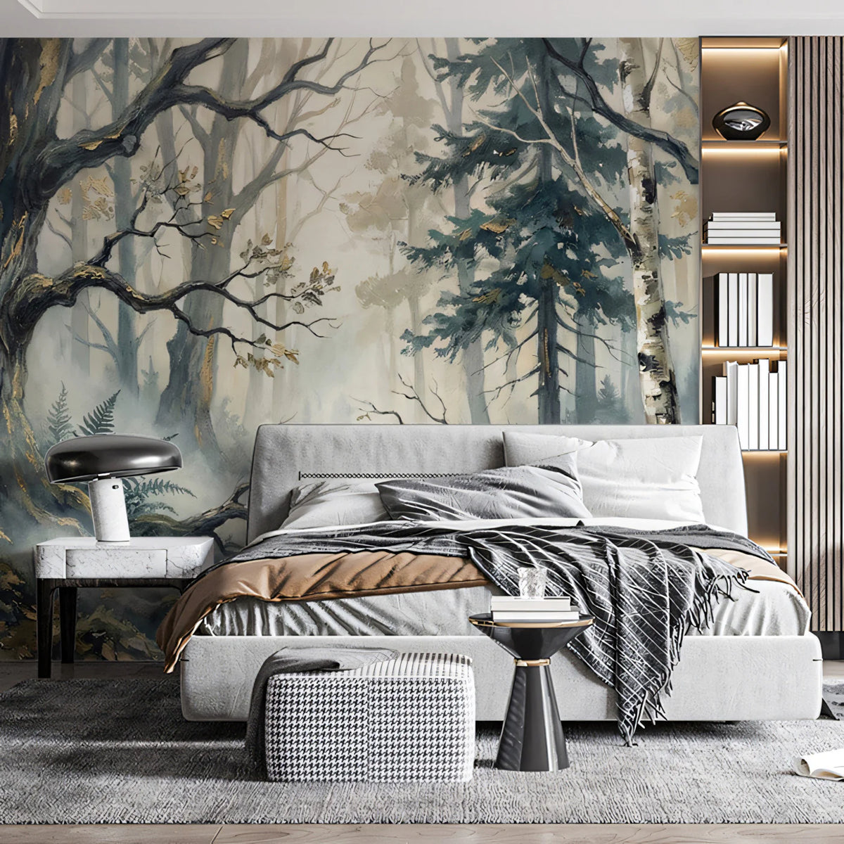 Mist-Veiled Ancient Forest Mural Wallpaper — Moody Watercolor Art Mural Wallpaper - room preview 02