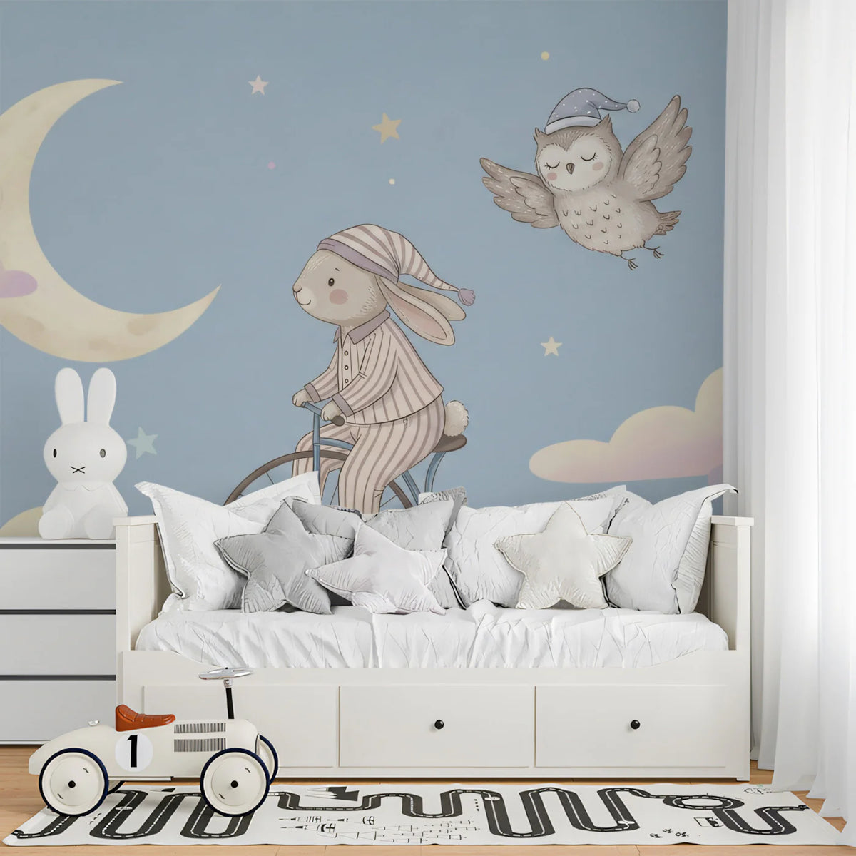 Bunny on Penny Farthing Night Sky Mural Wallpaper — Whimsical Style Mural Wallpaper - room preview 02