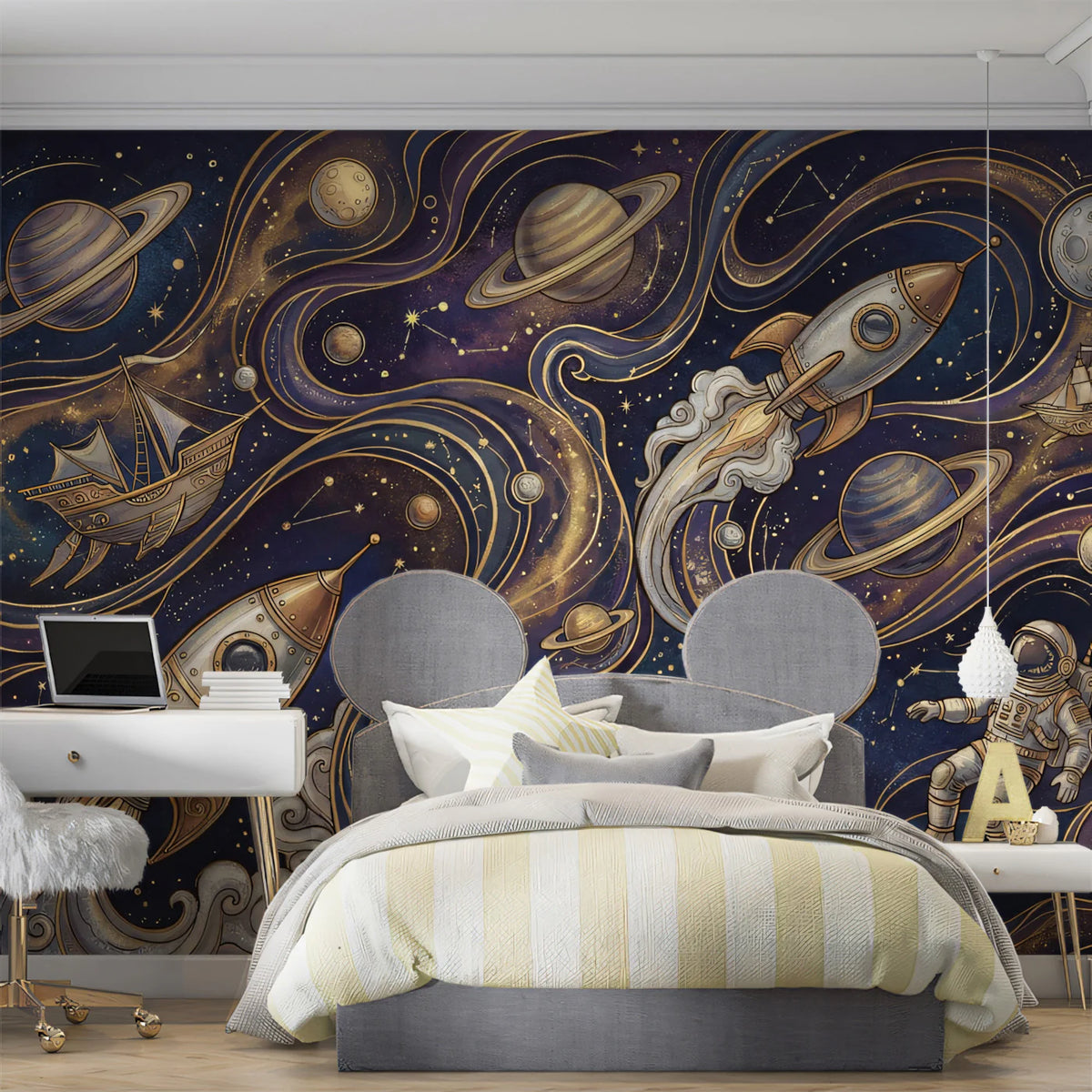 Vintage Cosmic Journey Mural Wallpaper — Celestial Exploration Art Mural Wallpaper - room preview 02