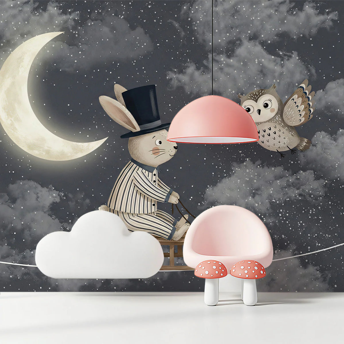 Starry Bunny and Owl Night Sky Mural Wallpaper — Whimsical Decor Mural Wallpaper - room preview 02