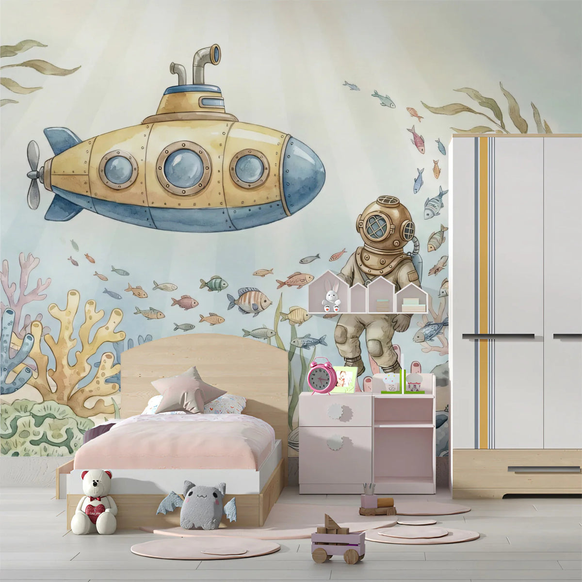 Underwater Exploration Mural Wallpaper — Vintage Deep Sea Design Mural Wallpaper - room preview 02