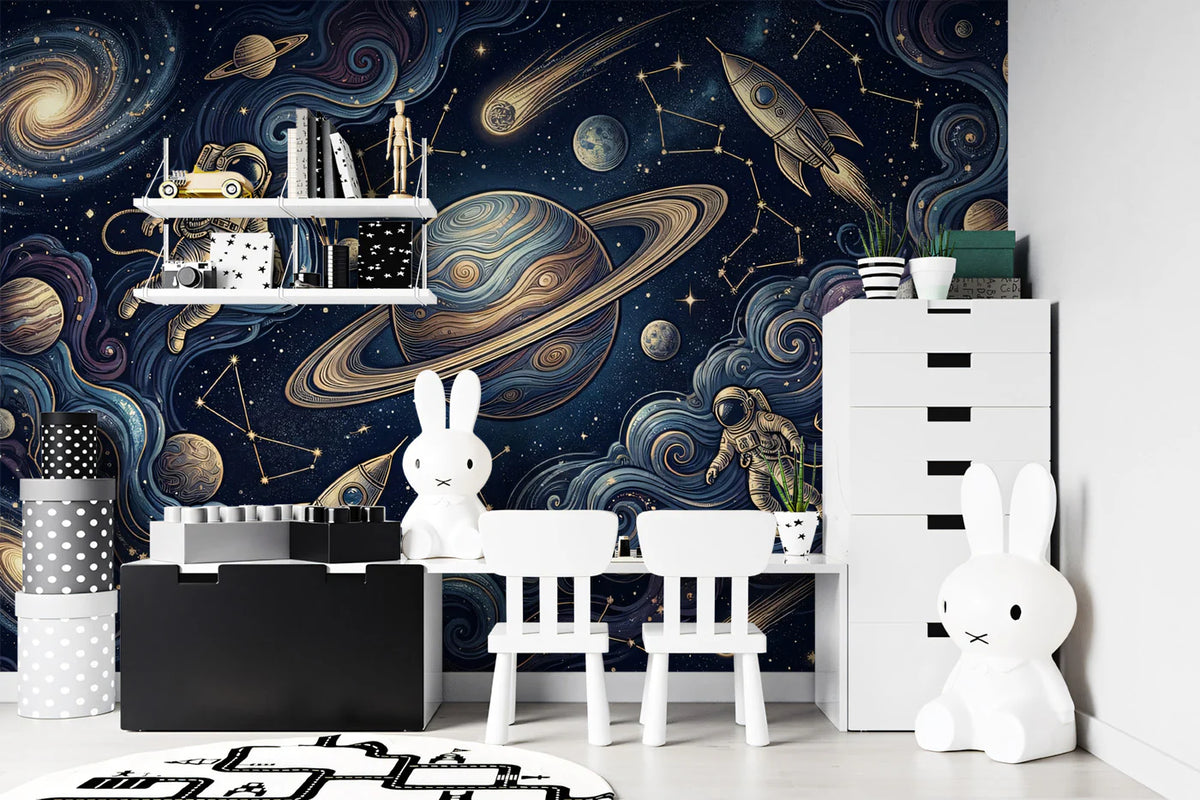 Cosmic Voyager Mural Wallpaper — Whimsical Space Illustration Mural Wallpaper - room preview 02