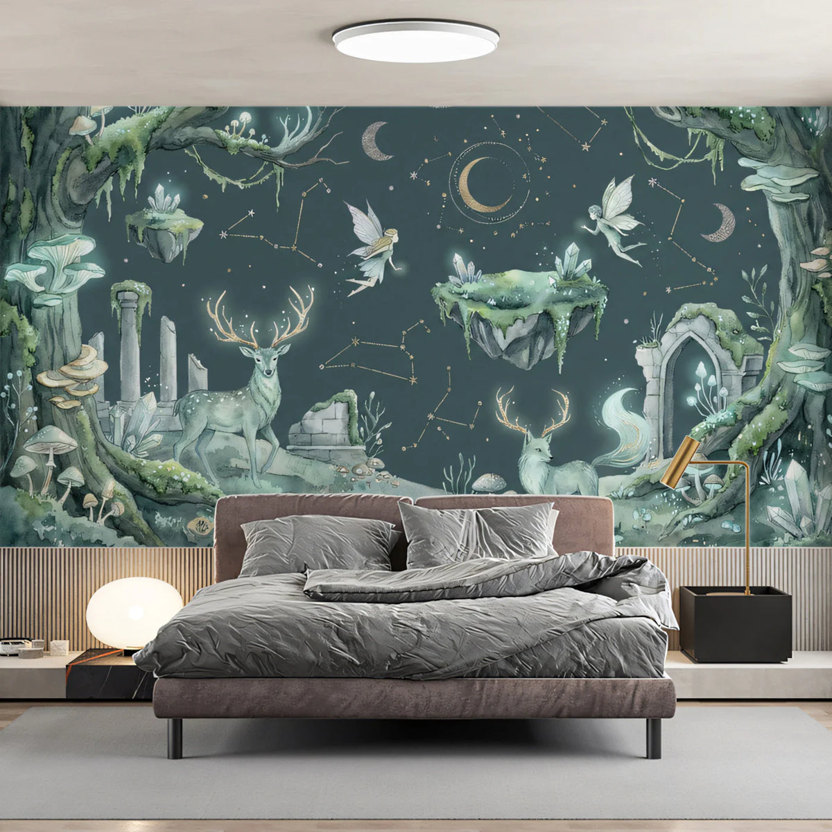 Mystical Midnight Forest Mural Wallpaper with Fairies and Deer Mural Wallpaper - room preview 02
