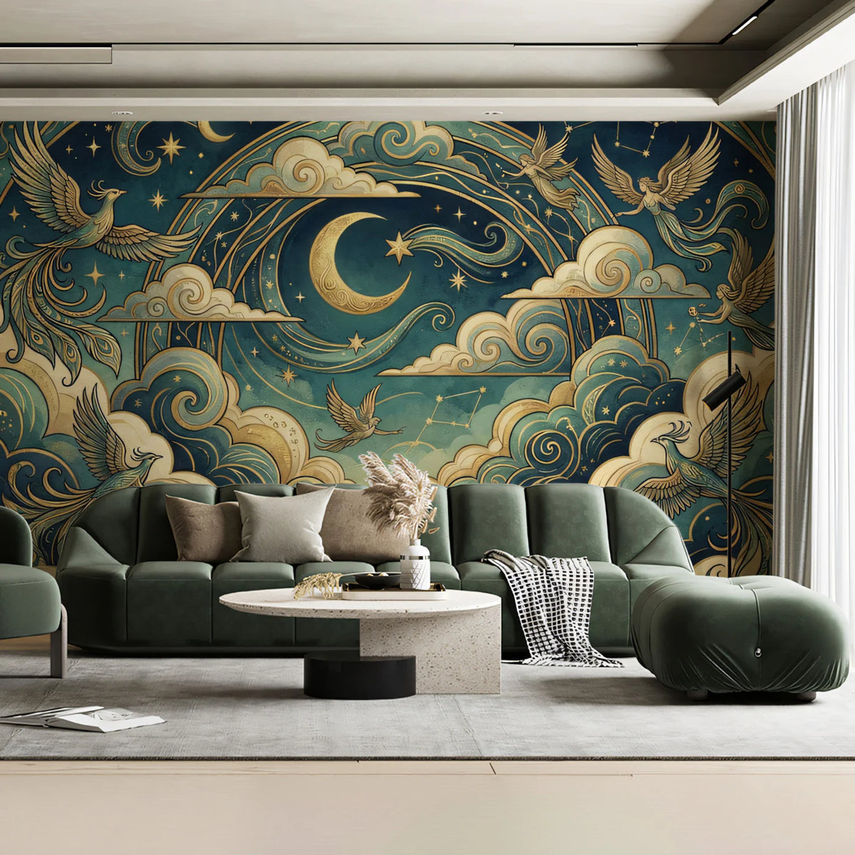 Celestial Phoenix Mural Wallpaper — Mythological Night Sky Art Mural Wallpaper - room preview 02