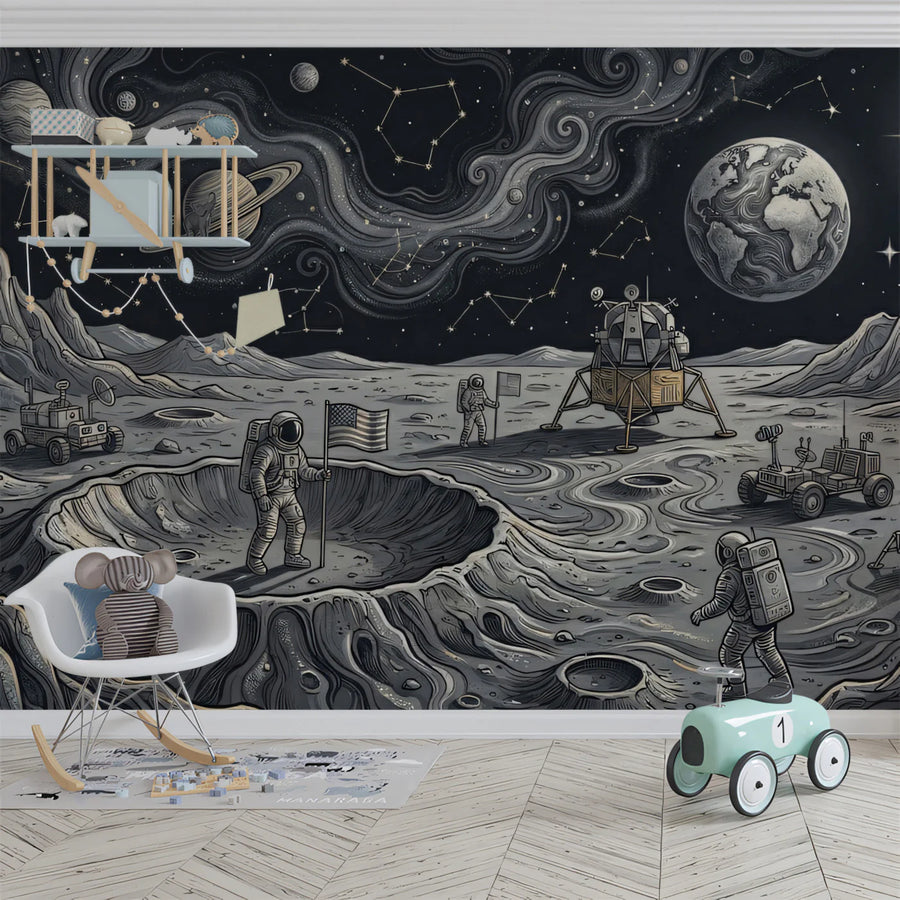 Moon Wallpaper Mural – Lunar Wall Mural – Lunar Exploration —Vintage Space Sketch Style