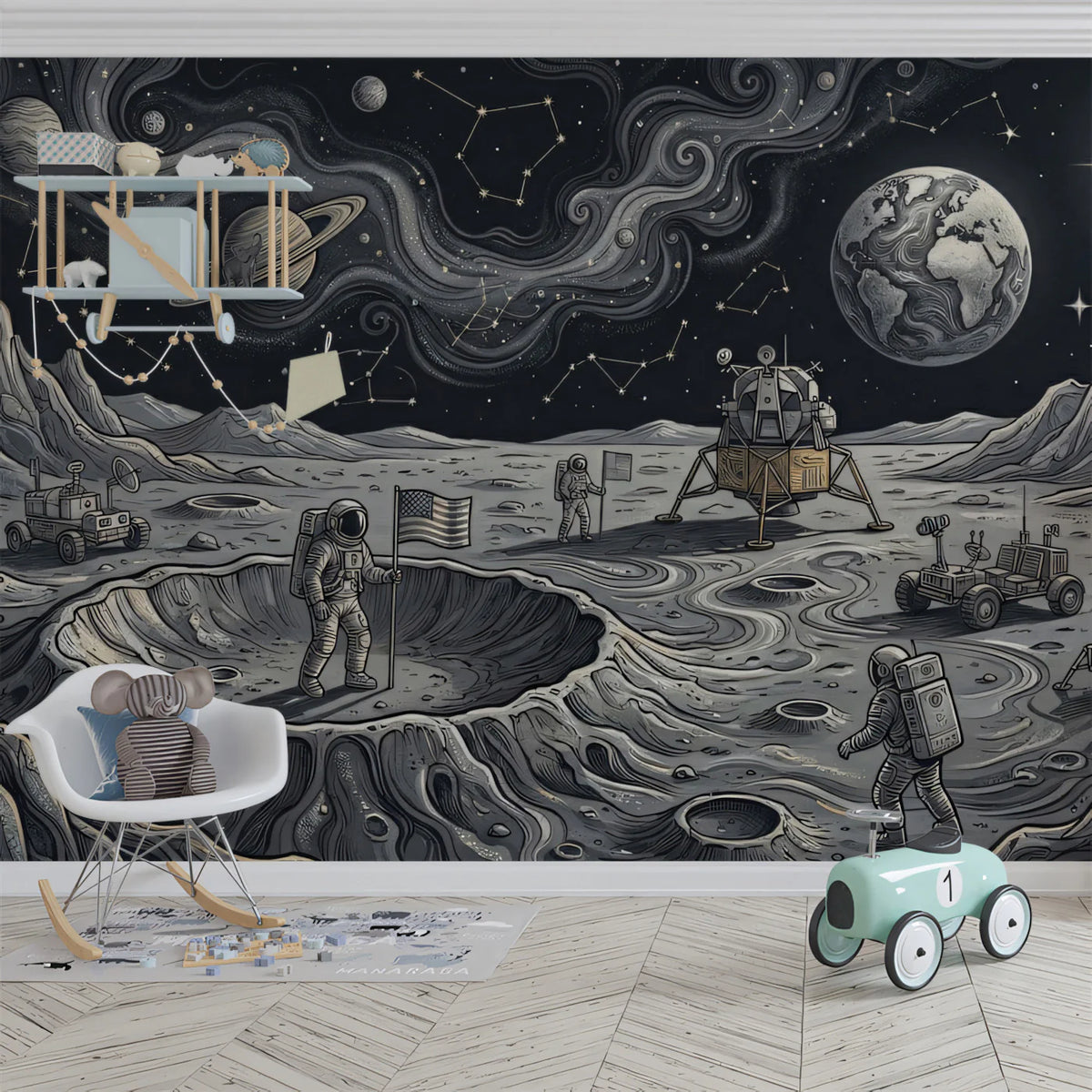 Lunar Exploration Mural Wallpaper —Vintage Space Sketch Style Mural Wallpaper - room preview 02
