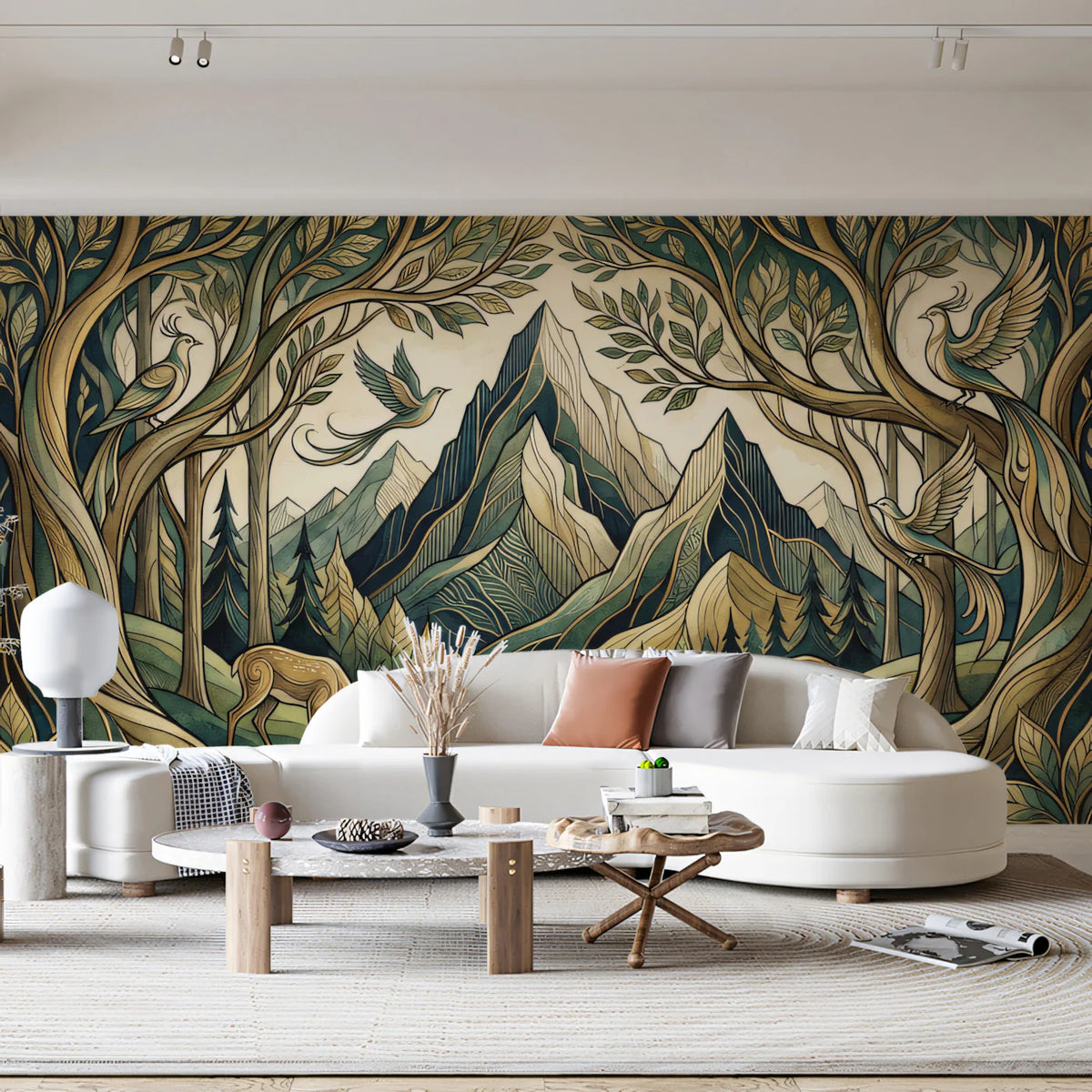 Art Nouveau Mountain and Forest Mural Wallpaper - room preview 02