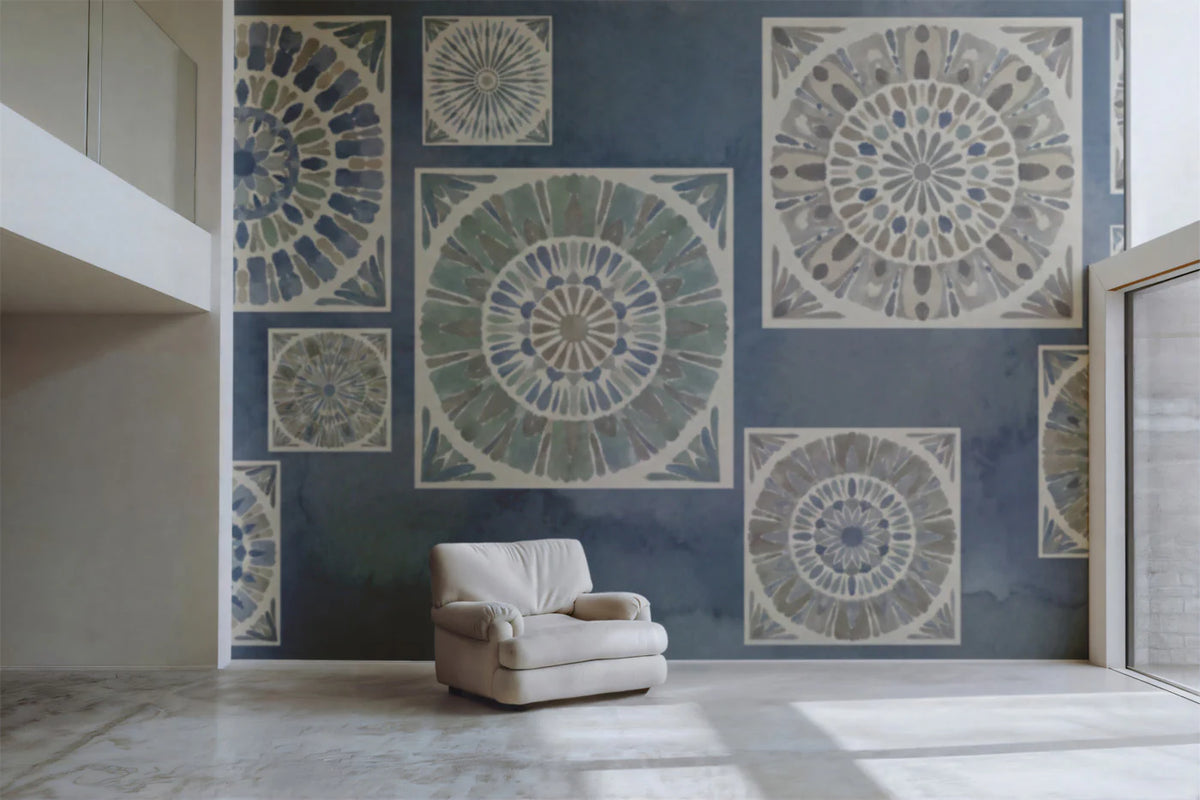 Watercolor Mandala Tile Mural Wallpaper — Bohemian Mediterranean Style Mural Wallpaper - room preview 02