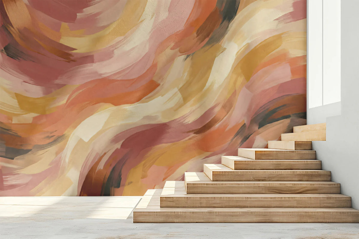 Abstract Swirl Mural Wallpaper — Warm Terracotta and Ochre Brushstrokes Mural Wallpaper - room preview 02