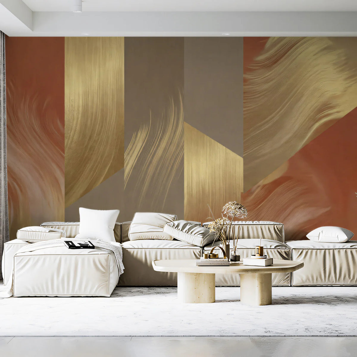 Abstract Geometric Gold and Terracotta Mural Wallpaper - room preview 02