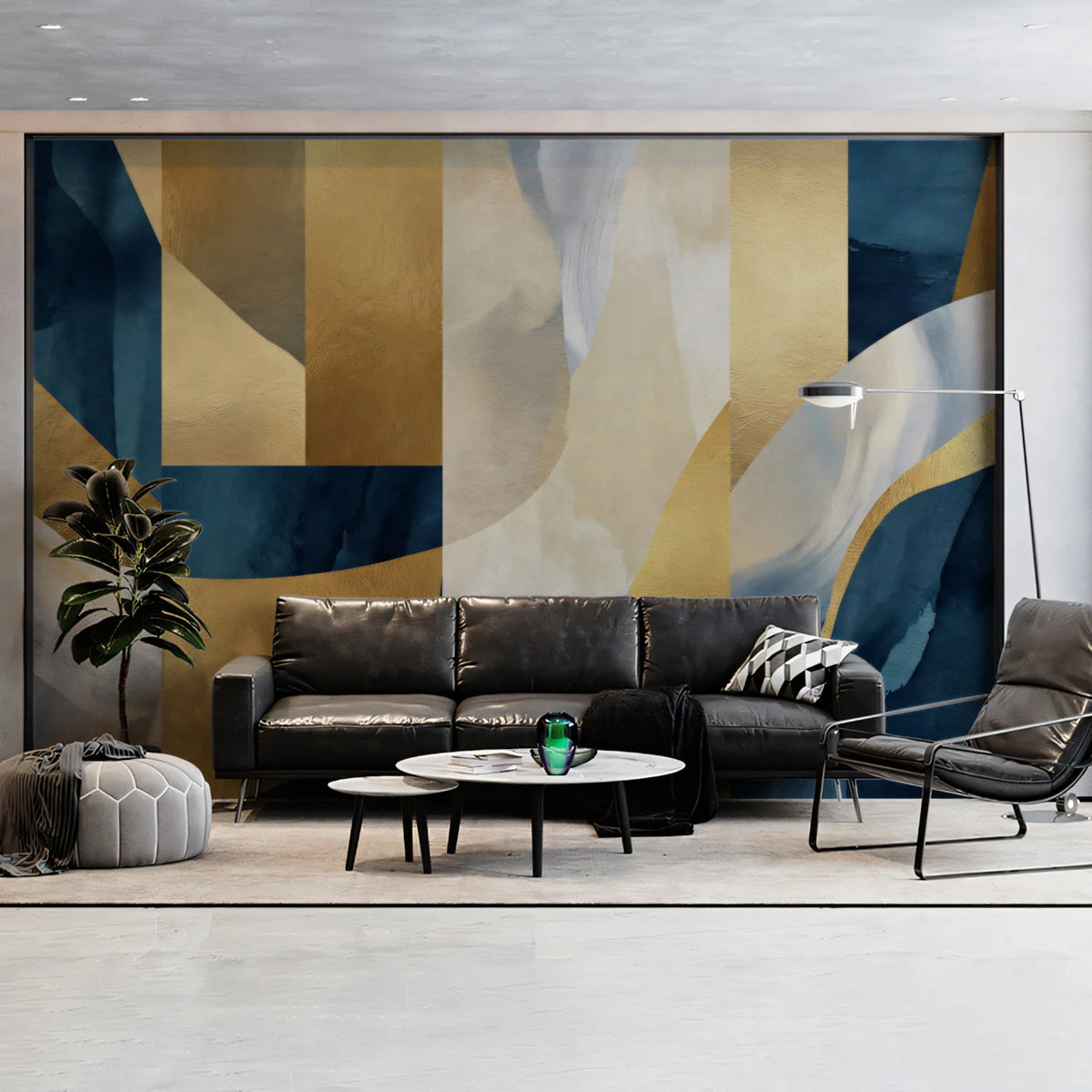 Navy and Gold Geometric Abstract Mural Wallpaper - room preview 02