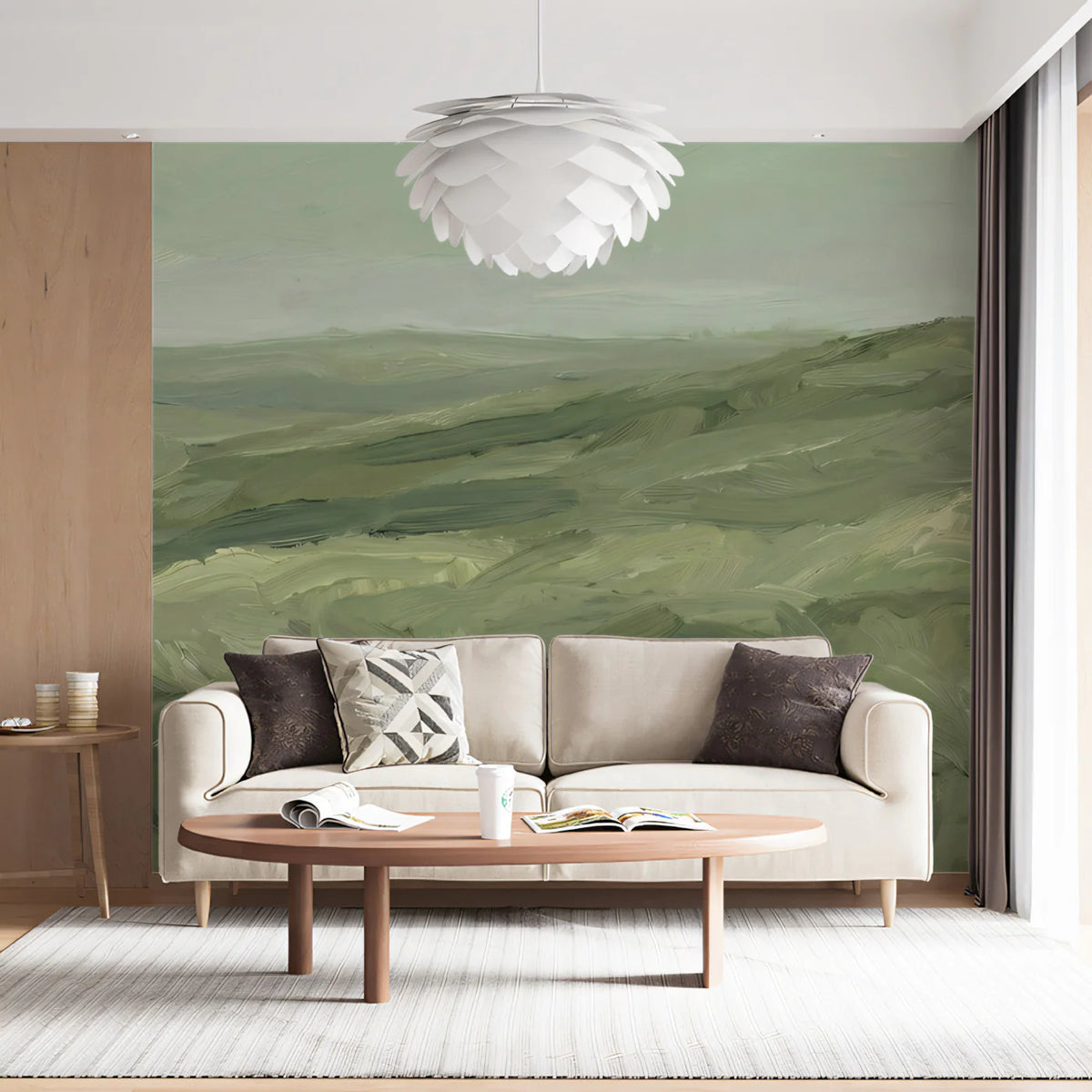 Abstract Meadow Landscape Mural Wallpaper — Painterly Green Art Mural Wallpaper - room preview 02
