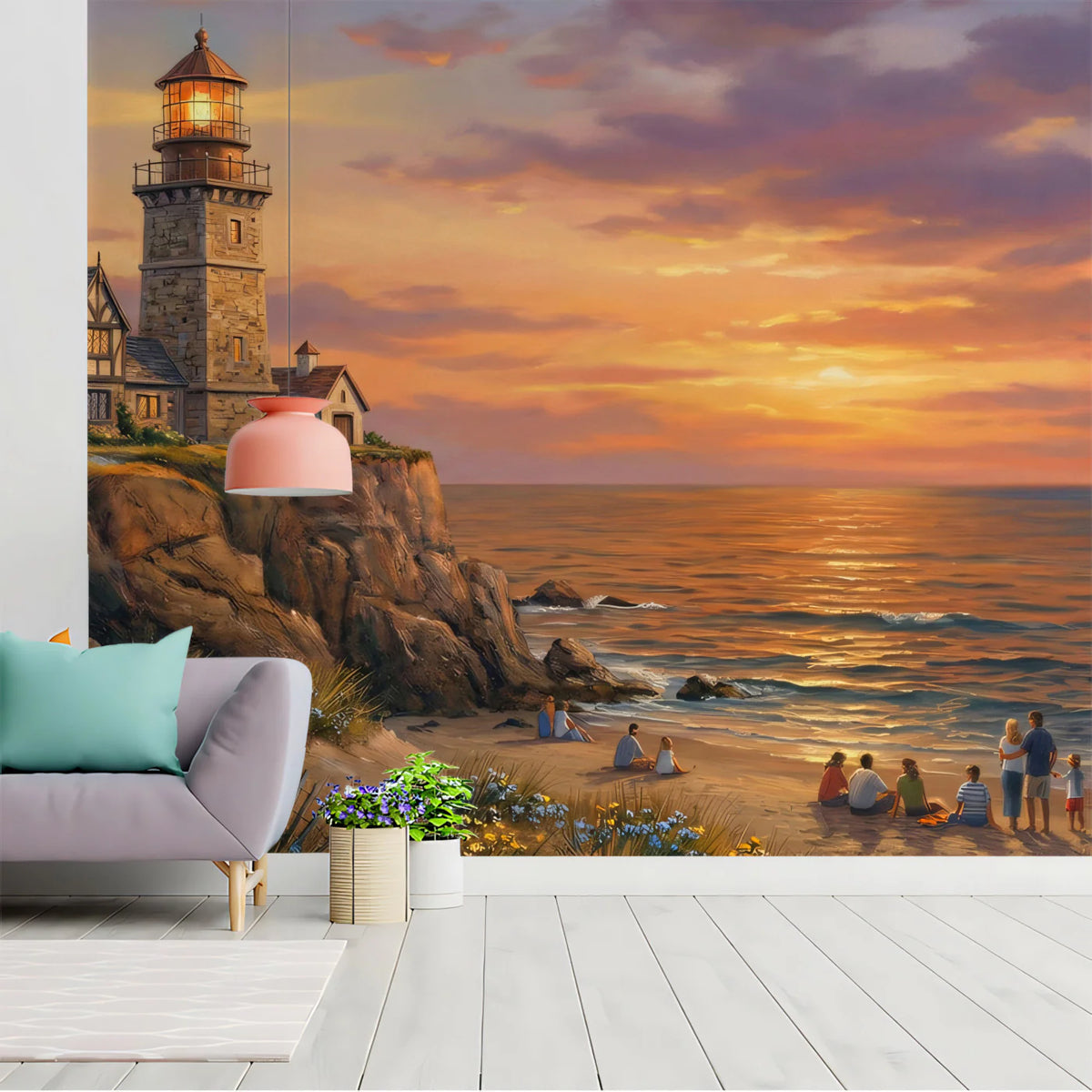 Coastal Lighthouse Cottage Mural Wallpaper — Warm Sunset Seascape Mural Wallpaper - room preview 02