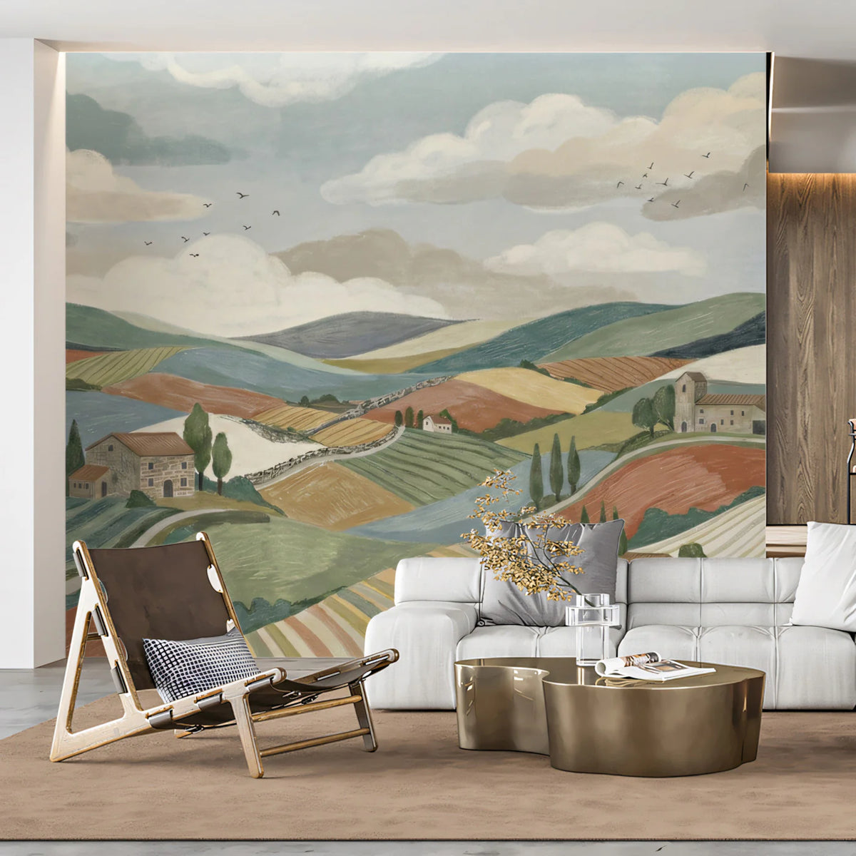 Tuscan Hillside Mural Wallpaper — Painterly Countryside Landscape Mural Wallpaper - room preview 02