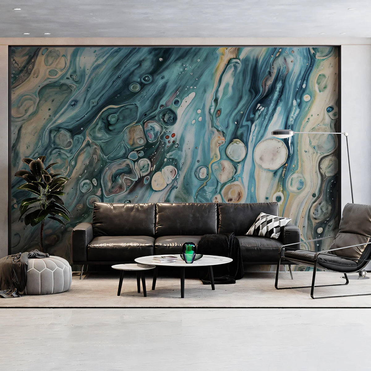 Oceanic Fluid Art Mural Wallpaper — Abstract Blue and Sand Swirls Mural Wallpaper - room preview 02