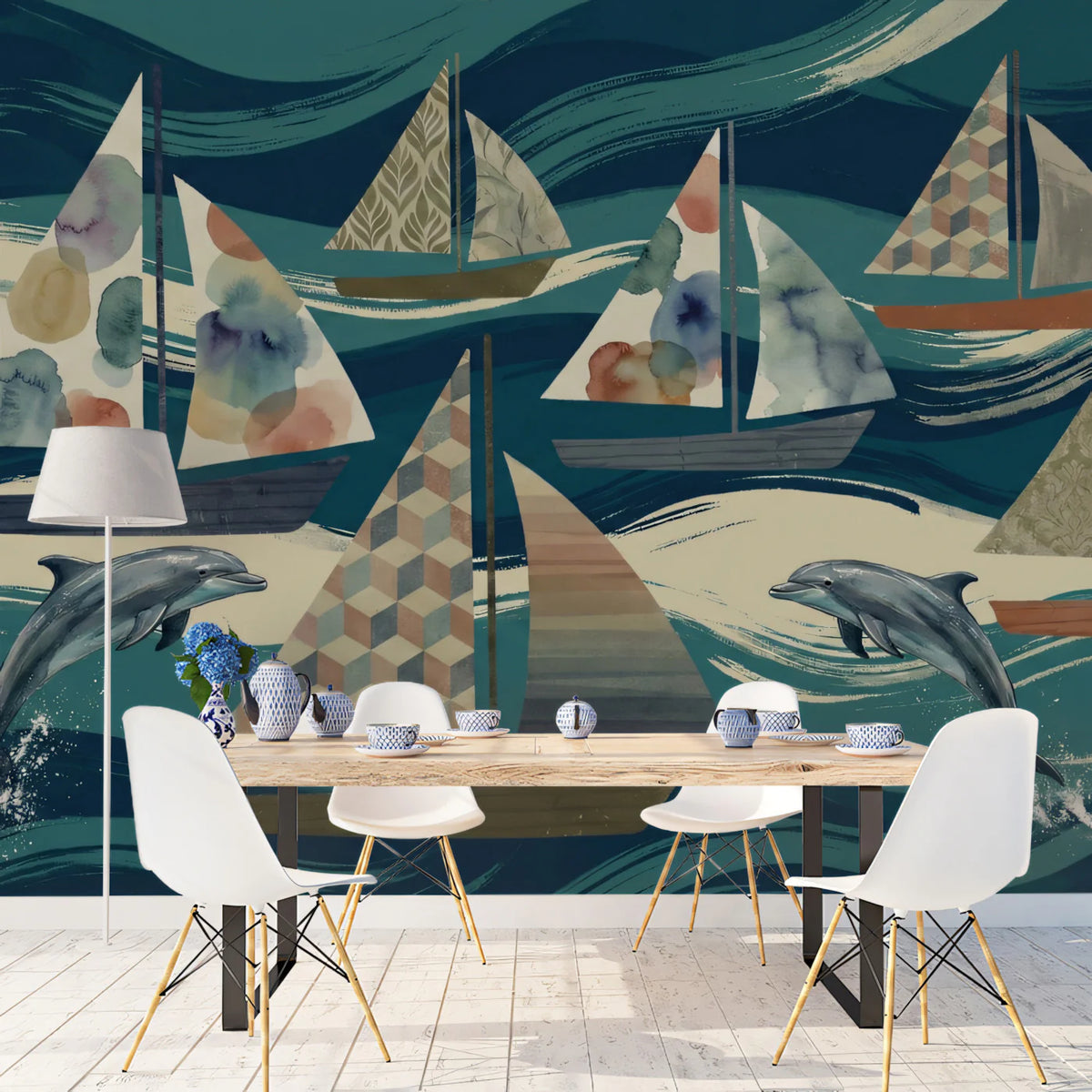 Sailboat and Dolphin Nautical Mural Wallpaper — Whimsical Coastal Art Mural Wallpaper - room preview 02