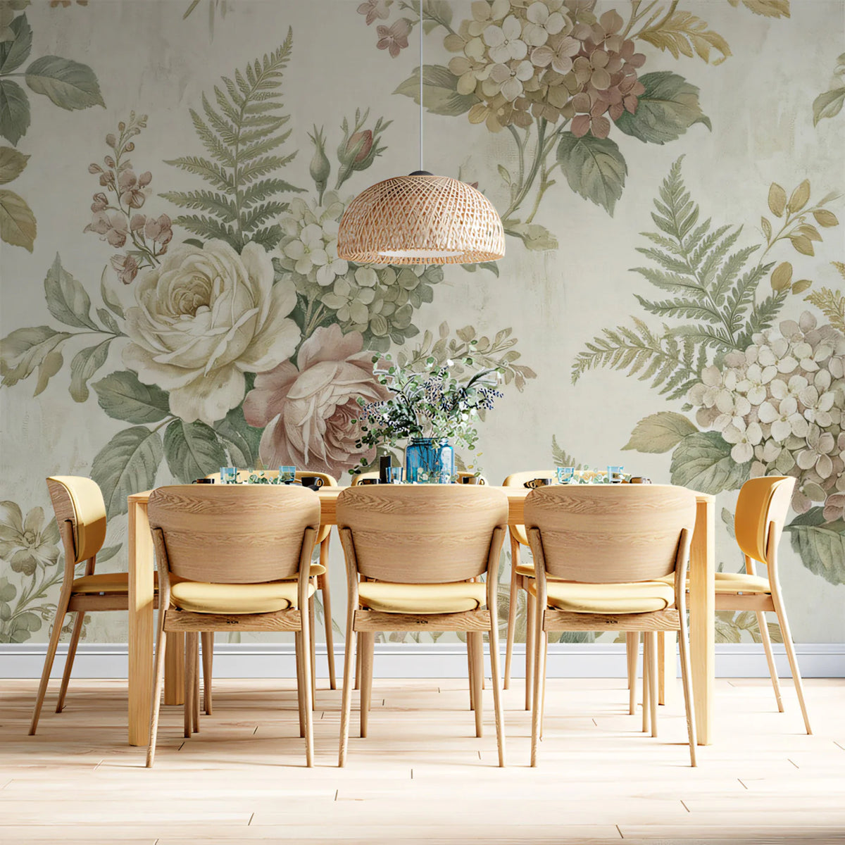 Victorian Botanical Rose and Hydrangea Mural Wallpaper - room preview 02