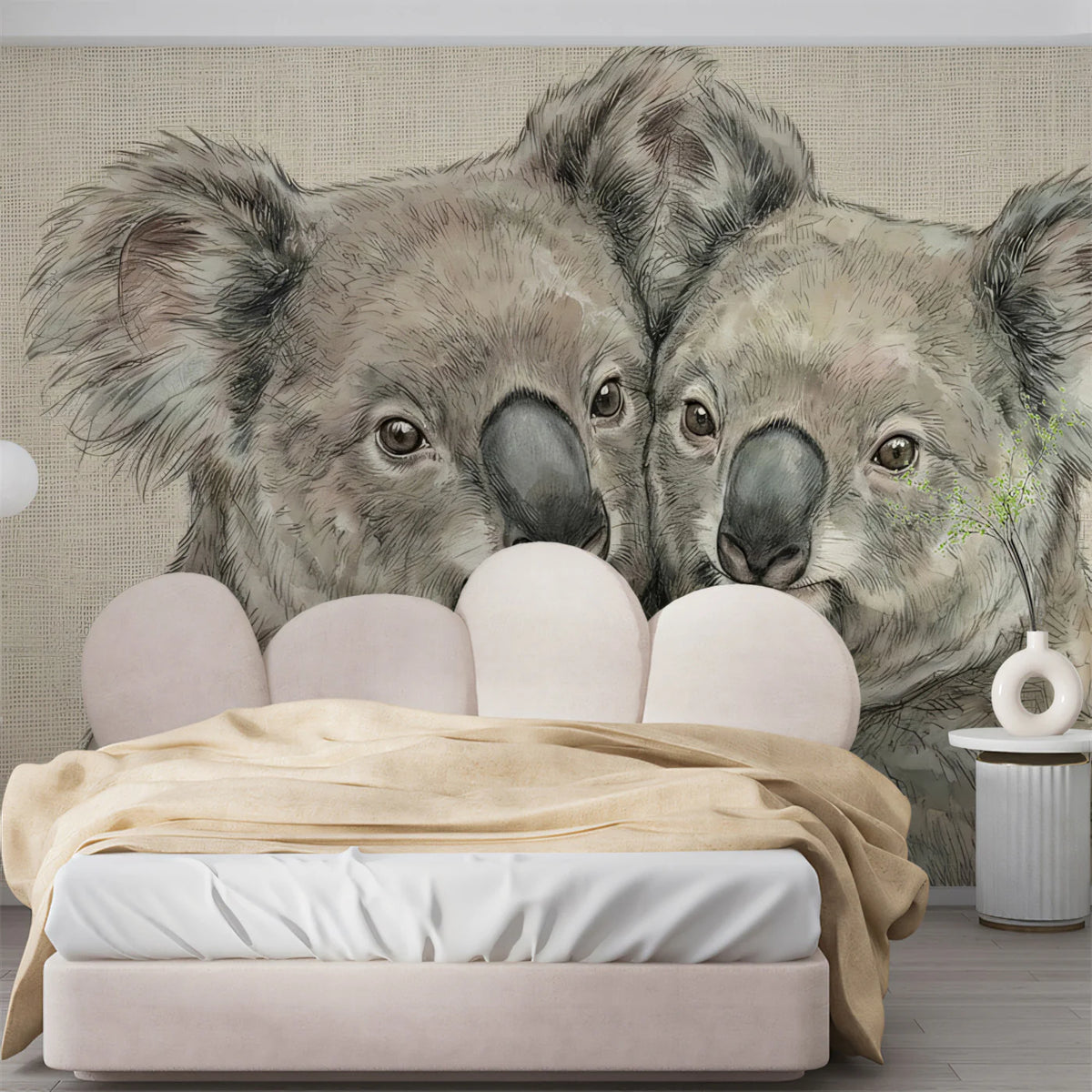 Cuddling Koala Watercolor Mural Wallpaper — Soft Animal Art Mural Wallpaper - room preview 02