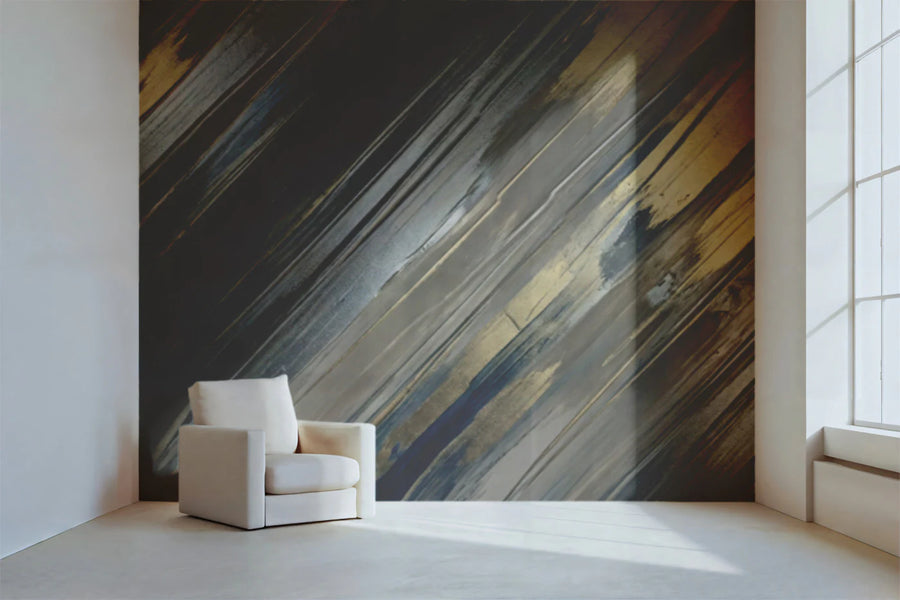 Painted Mural Wallpaper – Illustration Wall Mural – Diagonal Brushstroke in Navy and Metallic Gold