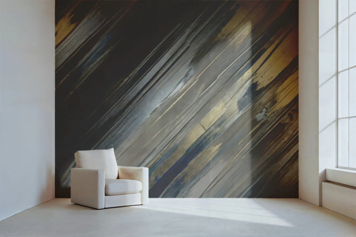 Diagonal Brushstroke Mural Wallpaper in Navy and Metallic Gold Mural Wallpaper - room preview 02