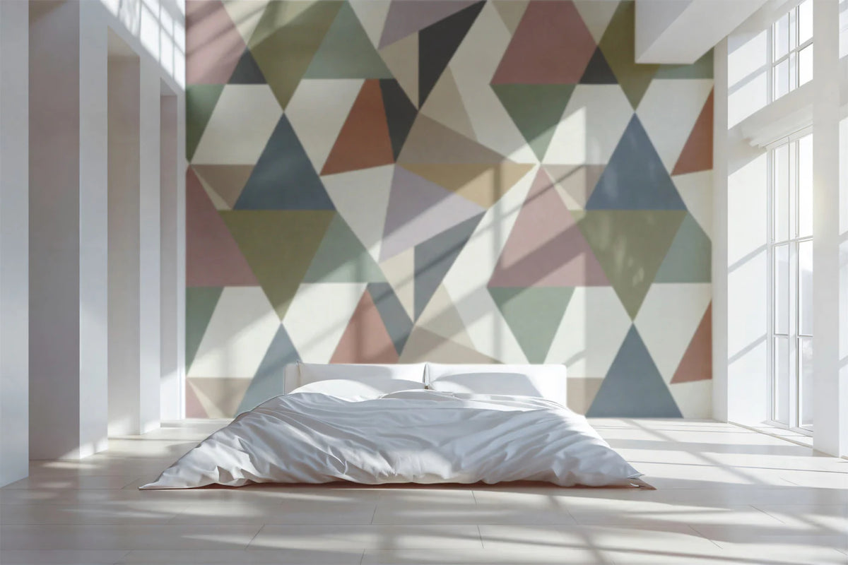 Geometric Triangle Mosaic Mural Wallpaper in Muted Earth Tones Mural Wallpaper - room preview 02