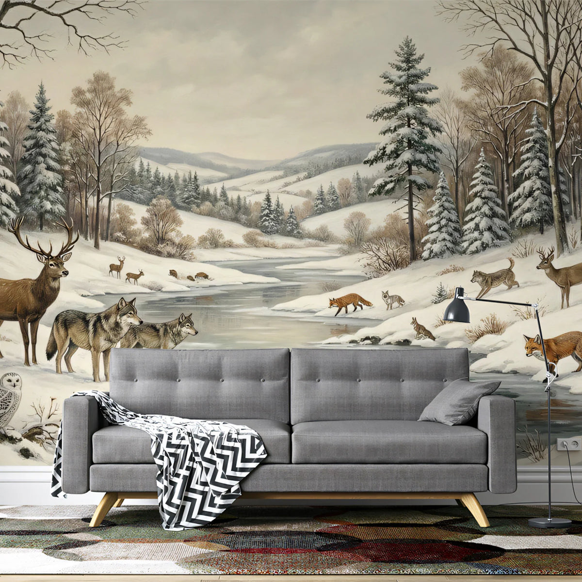 Snowy Wildlife Forest Mural Wallpaper —Winter Cabin Illustration Mural Wallpaper - room preview 02