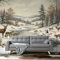 Snowy Wildlife Forest Mural Wallpaper —Winter Cabin Illustration Mural Wallpaper - room preview 02