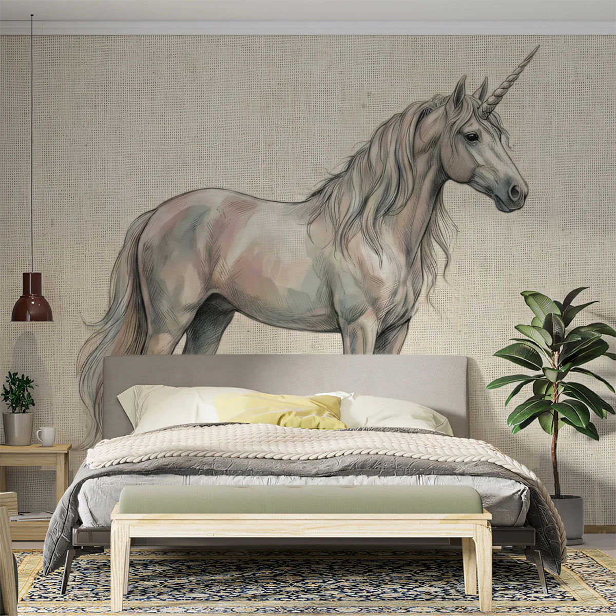 Mythical Unicorn Illustration Mural Wallpaper — Artistic Linen Style Mural Wallpaper - room preview 02