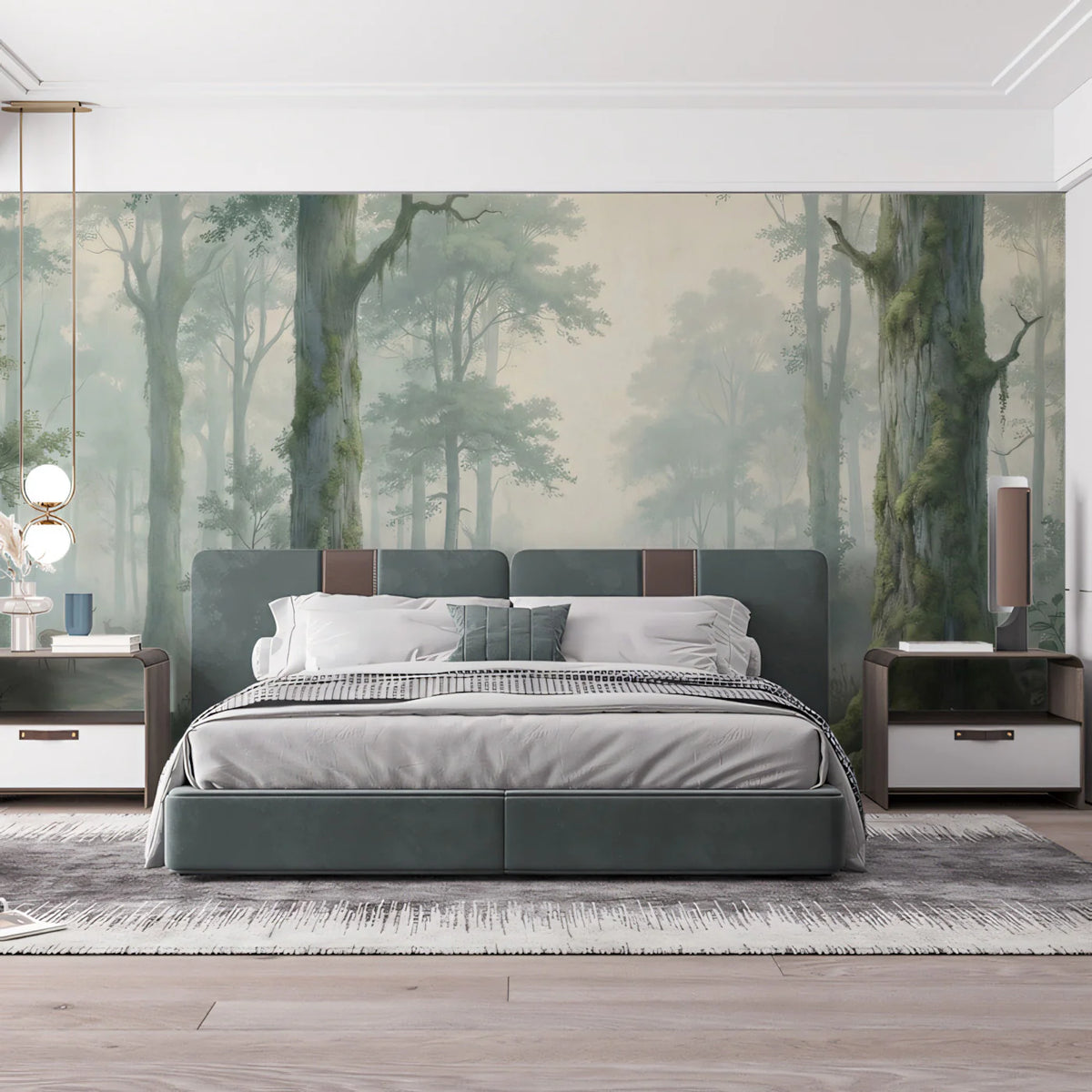 Misty Woodland Deer Mural Wallpaper — Atmospheric Nature Scene Mural Wallpaper - room preview 02