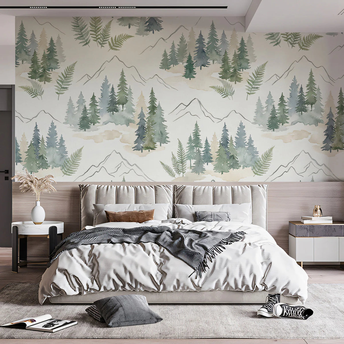 Watercolor Nordic Forest Mural Wallpaper — Scandinavian Tree Design Mural Wallpaper - room preview 02