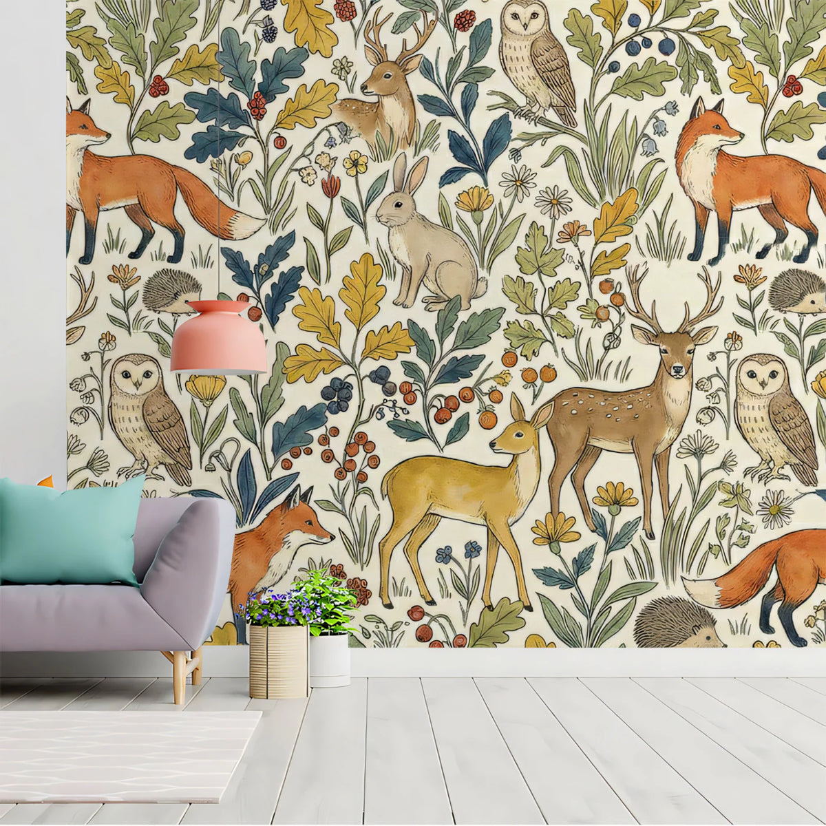Woodland Animal Mural Wallpaper —Hand-Drawn Forest Nature Design Mural Wallpaper - room preview 02