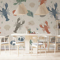 Coastal Lobster and Shell Mural Wallpaper —Playful Beach Decor Mural Wallpaper - room preview 02