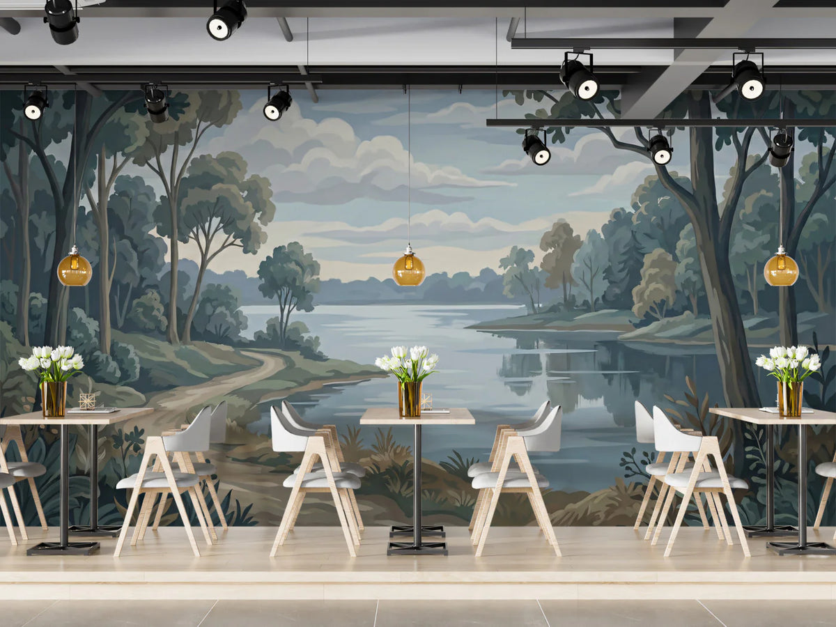 Misty Lakeside Path Mural Wallpaper — Impressionist Nature Scene Mural Wallpaper - room preview 02