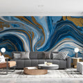 Fluid Blue and Gold Marble Mural Wallpaper — Swirling Abstract Art Mural Wallpaper - room preview 02