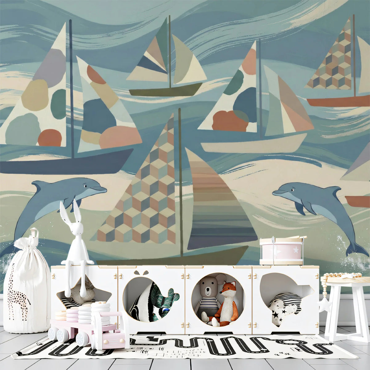 Dolphin and Sailboat Mural Wallpaper — Whimsical Coastal Art Mural Wallpaper - room preview 02