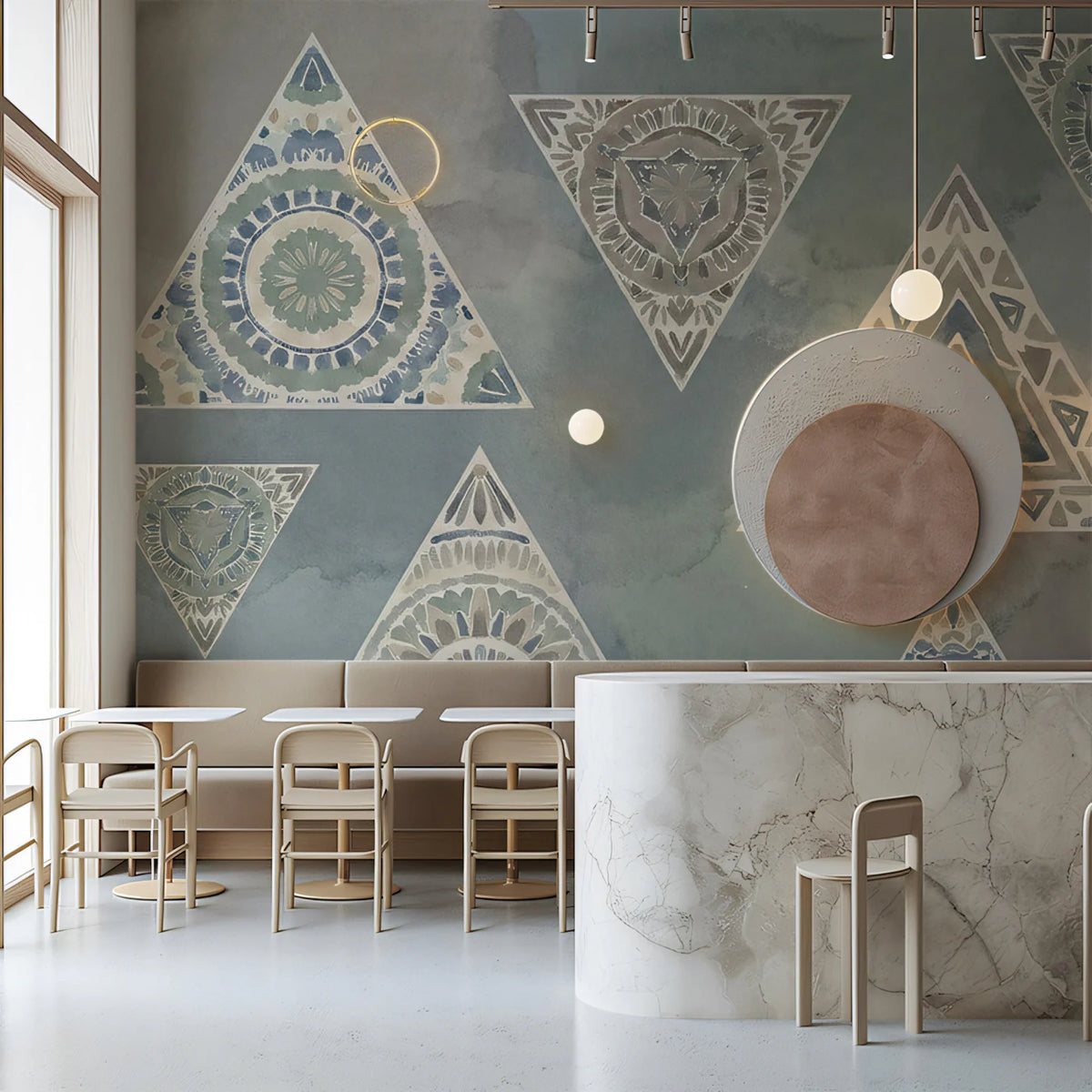 Bohemian Mandala Triangle Mural Wallpaper — Earthy Indigo Pattern Mural Wallpaper - room preview 02