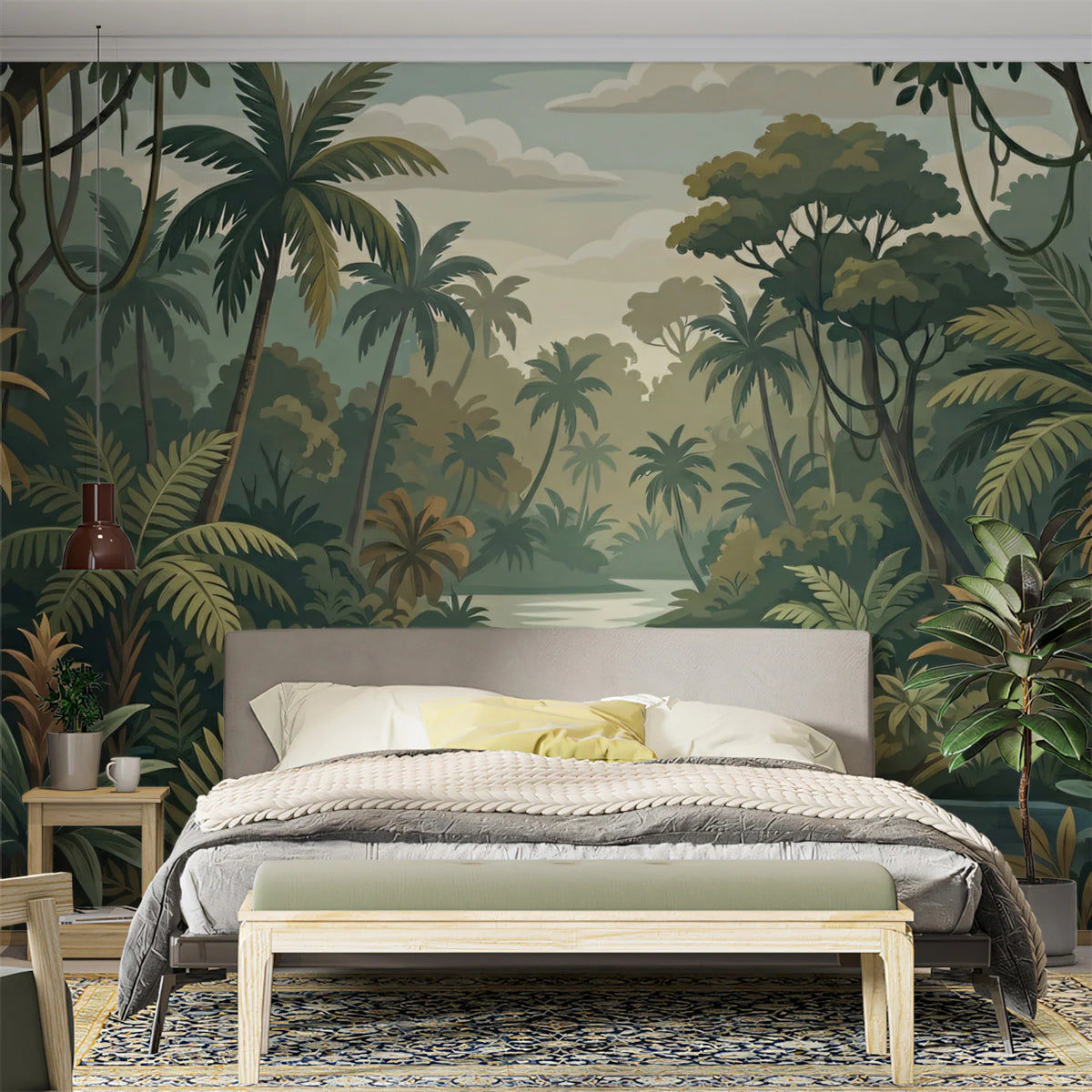 Vintage Tropical River Mural Wallpaper — Muted Botanical Landscape Mural Wallpaper - room preview 02