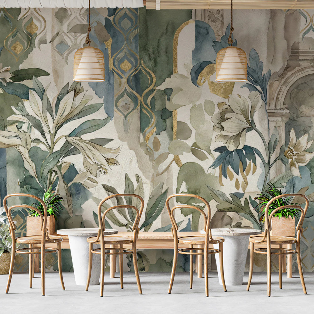 Watercolor Archway & Floral Mural Wallpaper — Sage and Gold Mural Wallpaper - room preview 02