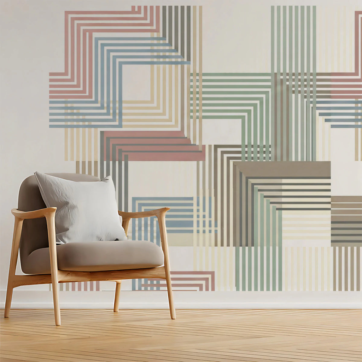 Bauhaus Linear Geometric Mural Wallpaper — Muted Retro Palette Mural Wallpaper - room preview 02