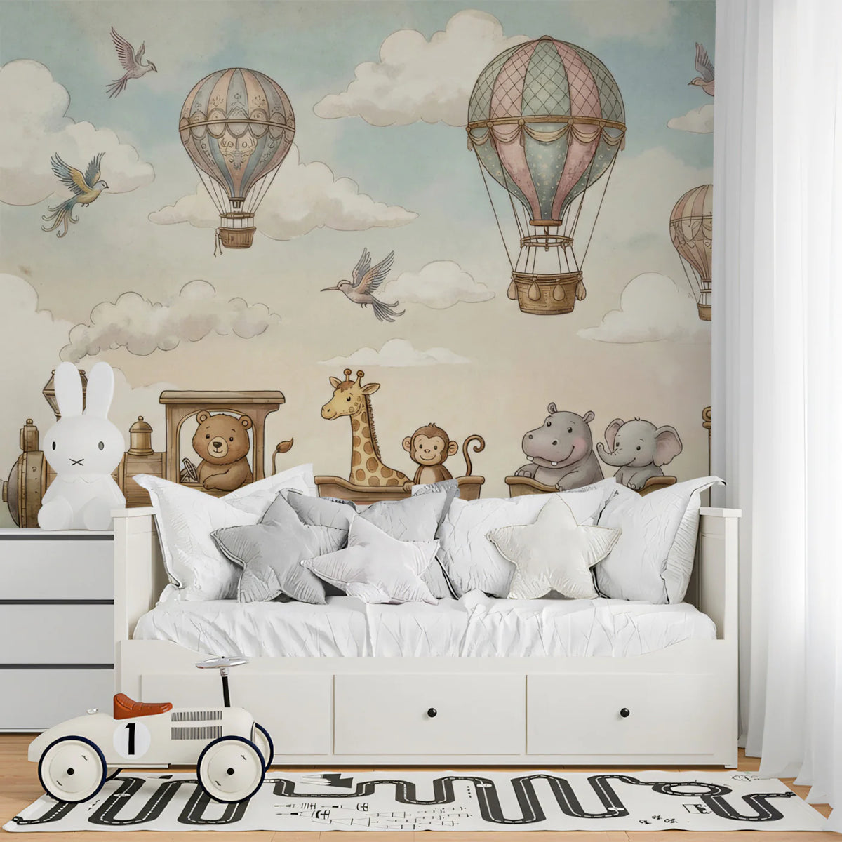 Storybook Animal Train Mural Wallpaper — Whimsical Adventure Scene Mural Wallpaper - room preview 02