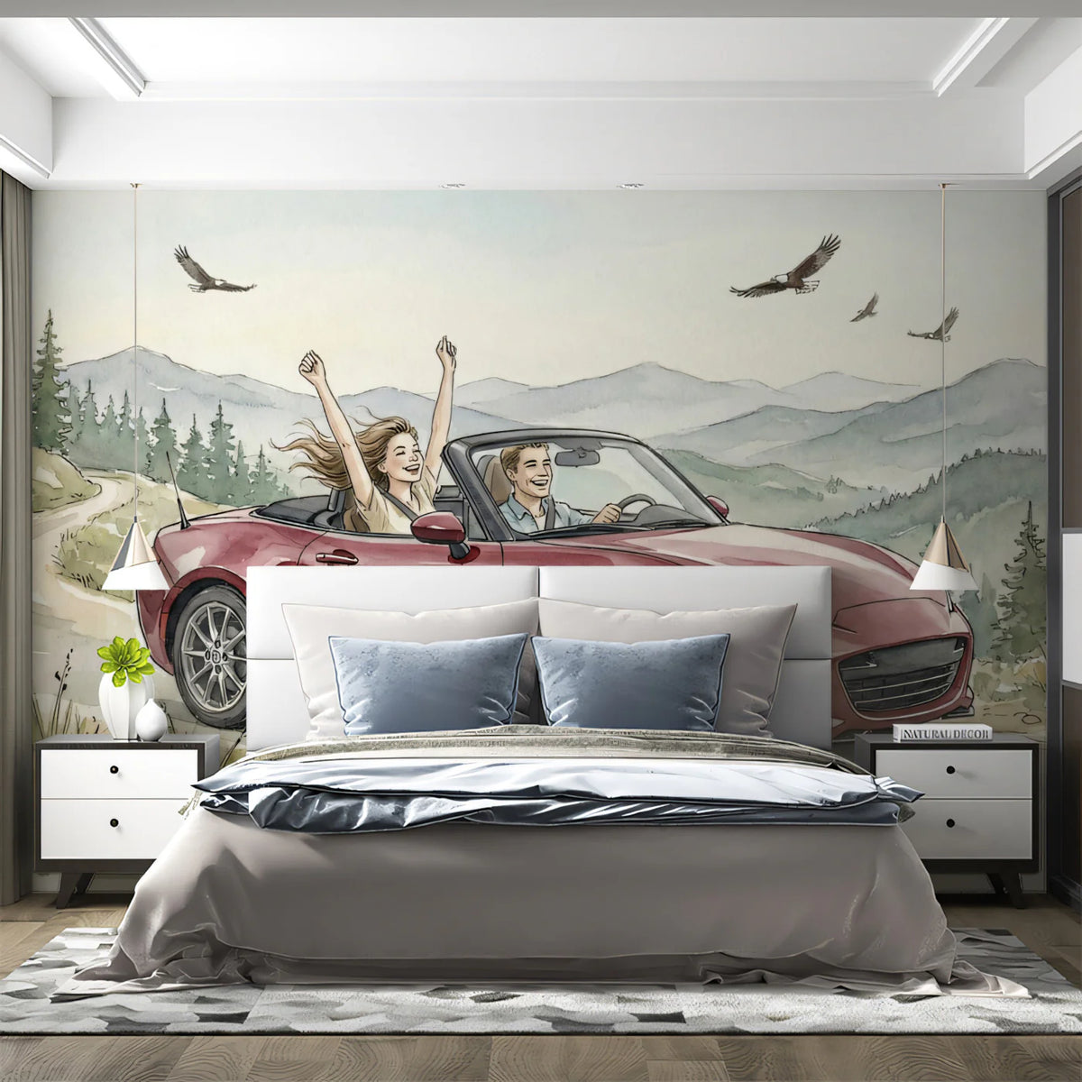 Road Trip Adventure Watercolor Mural Wallpaper — Scenic Mountain Drive Mural Wallpaper - room preview 02