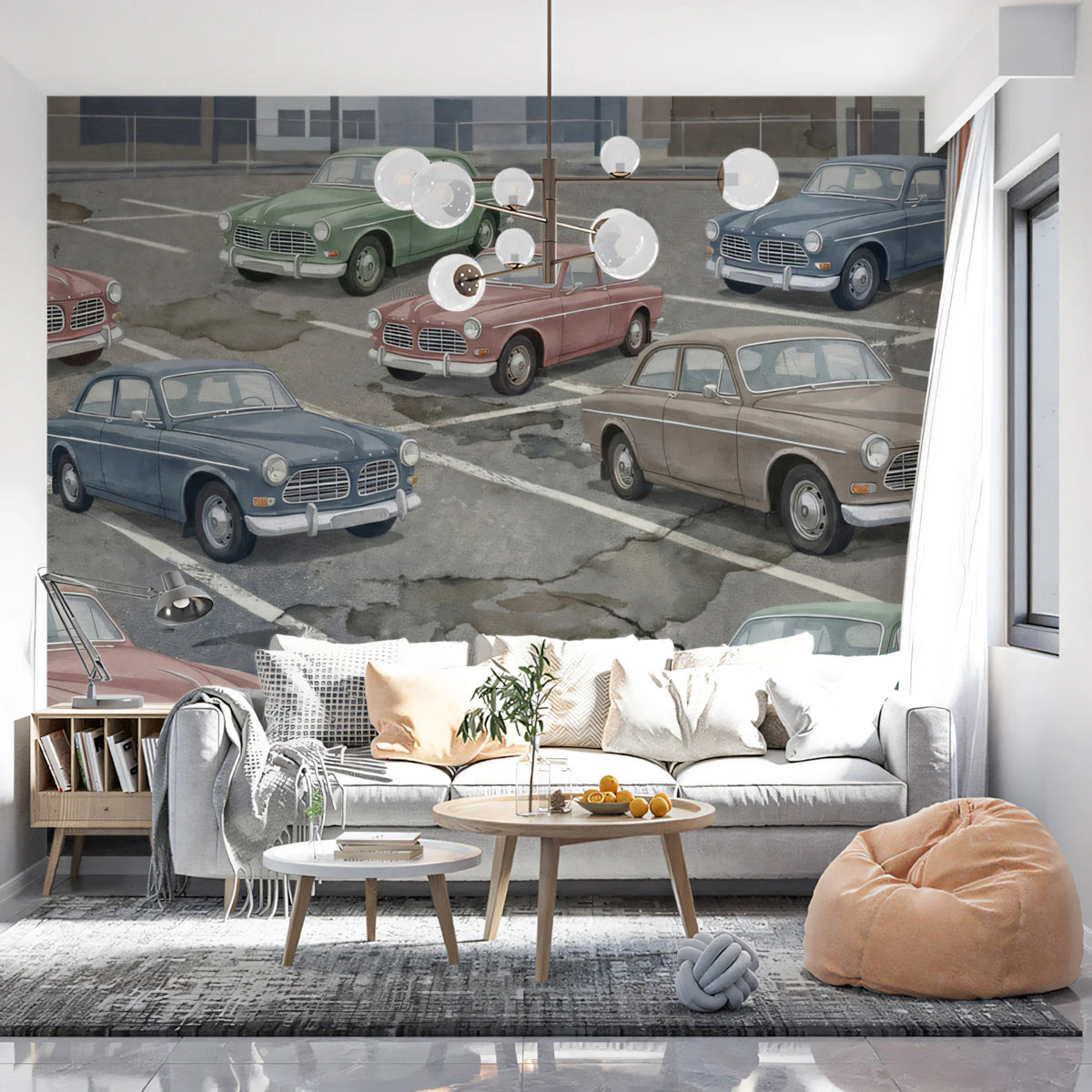 Vintage Classic Car Parking Mural Wallpaper — Retro Illustration Mural Wallpaper - room preview 02