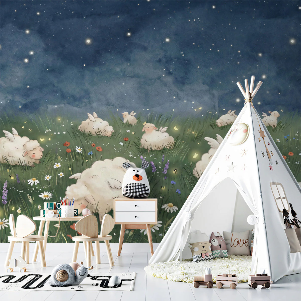 Winged Sheep Meadow Mural Wallpaper — Whimsical Night Sky Pattern Mural Wallpaper - room preview 02